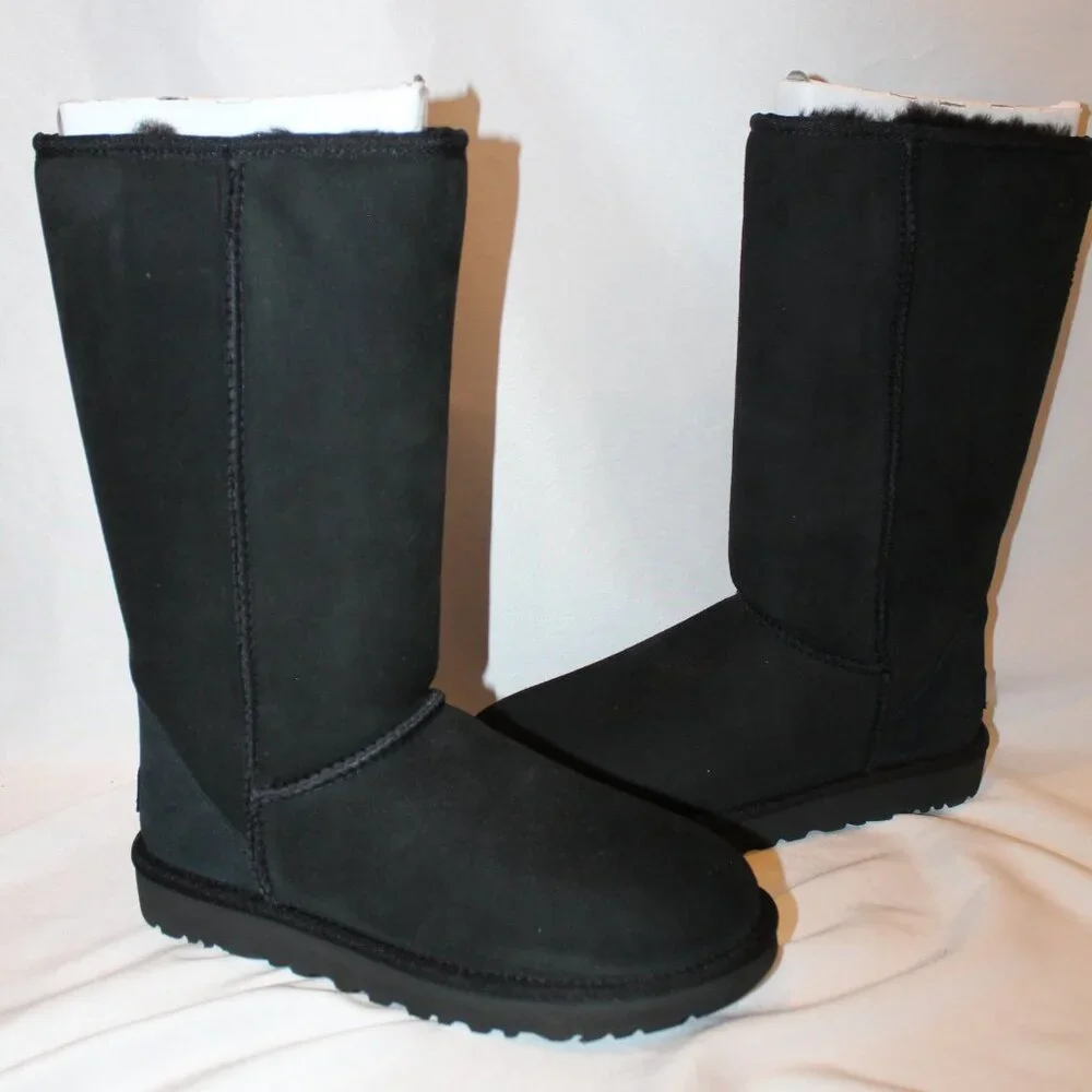 NIB‎ UGG CLASSIC TALL II WATER RESISTANT SUEDE SHEARLING LINED BOOTS BLACK